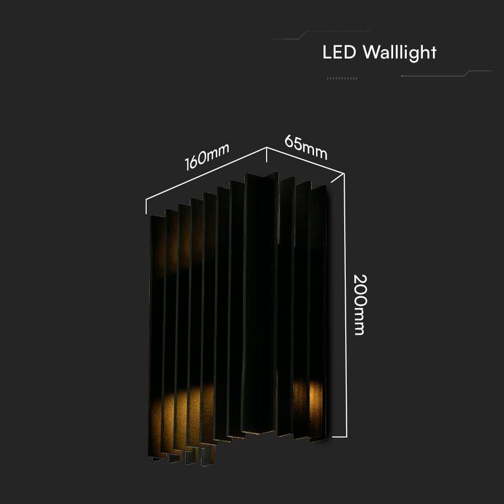 'LED Wall Light', Dimensions: 160mm x 65mm x 200mm. Black, vertically striped with a warm white light effect along the edges.