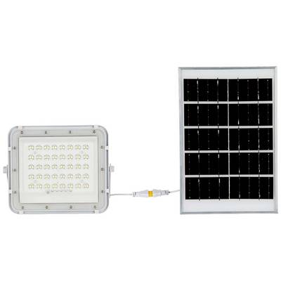 Solar lamp with connected solar panel, shown side by side. On the left is the lamp with multiple LED lights, on the right the rectangular solar panel.