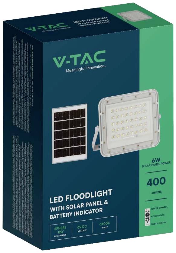Packaging of a V-TAC brand LED floodlight with solar panel and battery indicator, 6W, 400 lumens, pictured.
