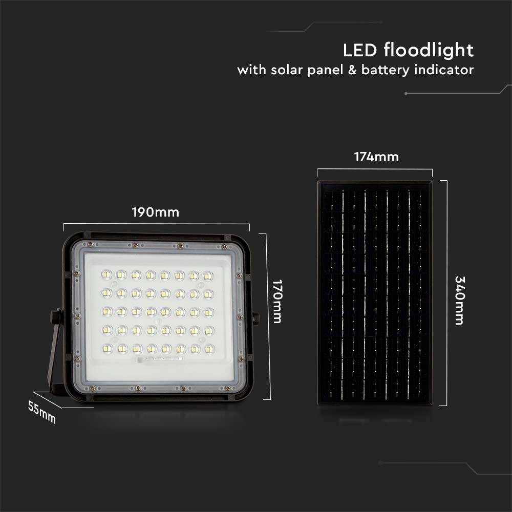 'Solar LED Floodlight with Battery Indicator.' Dimensions: Floodlight 190x170x55mm; Solar Panel 174x340mm.
