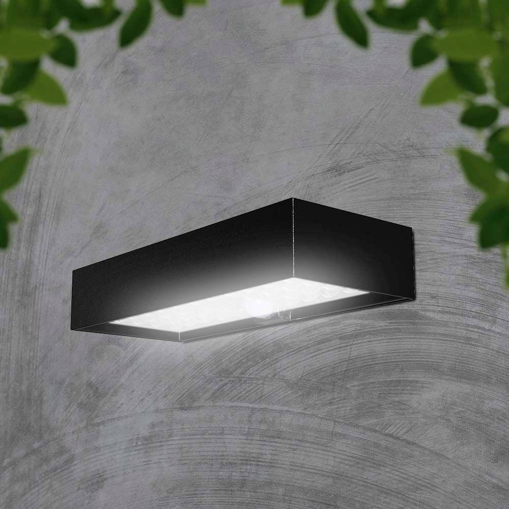 A rectangular, black wall light illuminates a grey concrete wall. Green leaves hang down into the image from above.