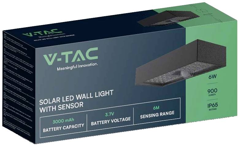'Packaging of a Solar LED Wall Light with Sensor, Brand V-TAC. Specifications: 3000 mAh, 3.7V, 6W, 900 Lumens, 6m Detection Range, IP65.'