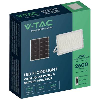 Packaging for a Solar-Powered LED Floodlight with Battery Indicator. 30W Power, 2600 Lumens, 4000K Daylight.