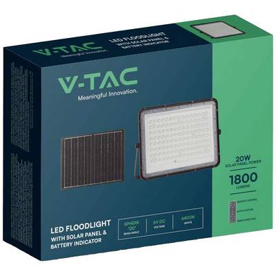'V-TAC Solar LED Floodlight with Battery Indicator, 20W Power, 1800 Lumens, White Casing, 120° Beam Angle, 6400K.'