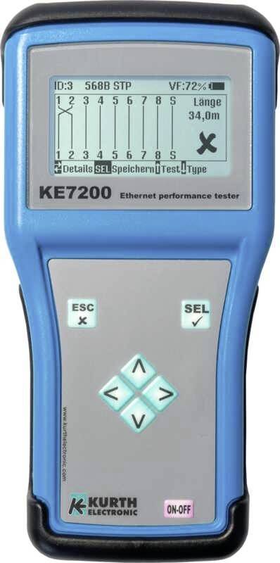 A blue-grey Ethernet tester with a display shows a network diagram and measurement values. A keypad below is used for operation.