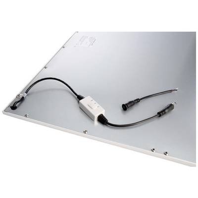 Back of an LED panel with cables and a switch in the centre. On the left, cables without a plug, on the right, cables with a plug.