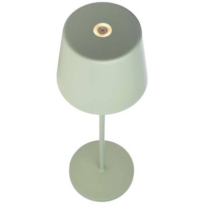 A simple, modern-designed table lamp with a green shade and circular base, viewed from above.
