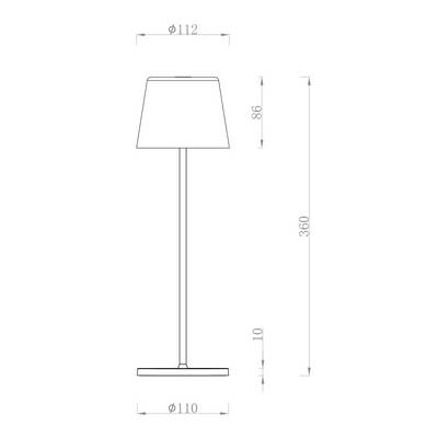 Technical Drawing of a Standard Lamp with Dimensions: Total Height 360 cm, Shade Height 86 cm, Base Diameter 110 cm, Shade Diameter 112 cm.