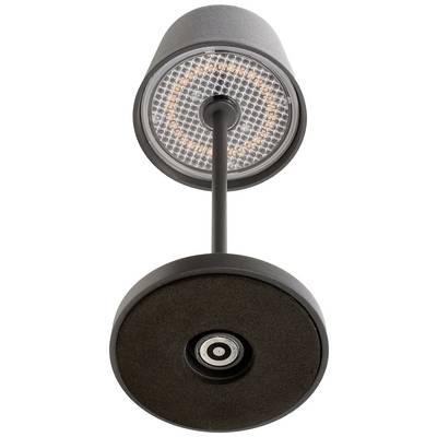 A black modern LED wall light with a round head and clear protective coating. It illuminates downwards, suitable for interior spaces.