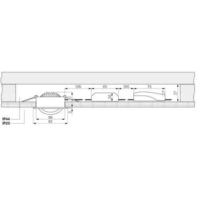 Diagram shows recessed luminaire with IP44/20 rating, installed in ceiling. Dimensions 195 mm, 65 mm, 75 mm along the length. Luminaire measures 68 x 82 mm.