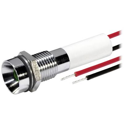 Metal LED display with thread, red and black cable, concentrated light source at the front. Electrical component.