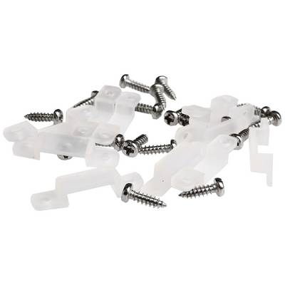 Screws and transparent mounting brackets, scattered across a white surface. Primarily used for assembly or fastening of materials.
