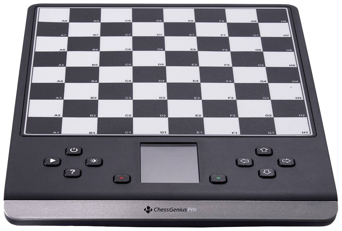 An electronic chessboard with empty squares and buttons for operating the device.