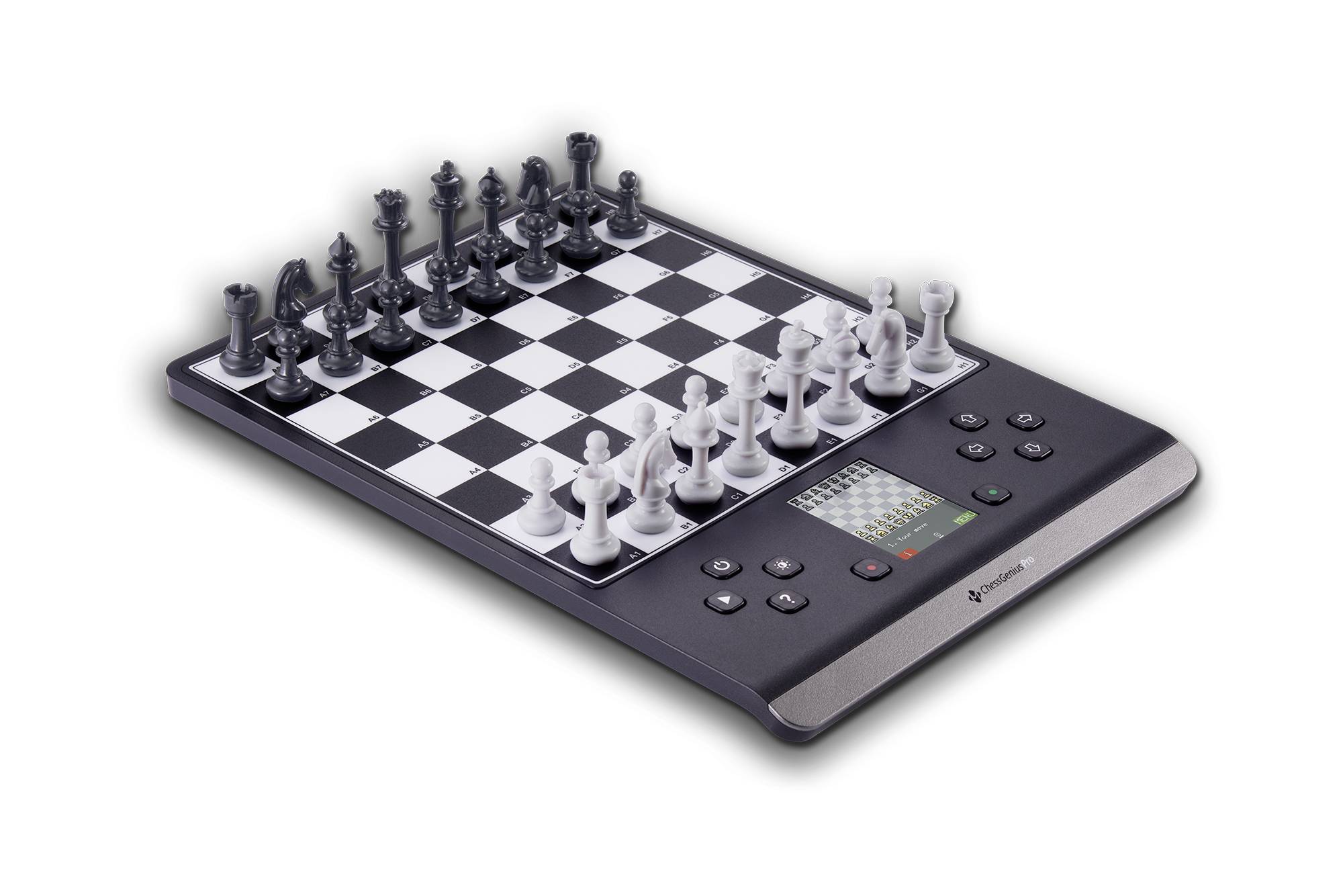 Electronic chess board with white and black pieces, partially positioned on squares. Screen displays status and control buttons.