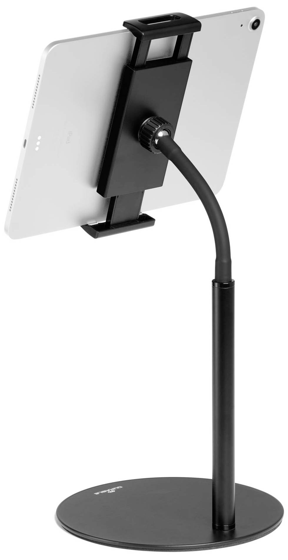 Metal tablet holder with adjustable gooseneck and rotating holding clip, ideal for hands-free use on a table.
