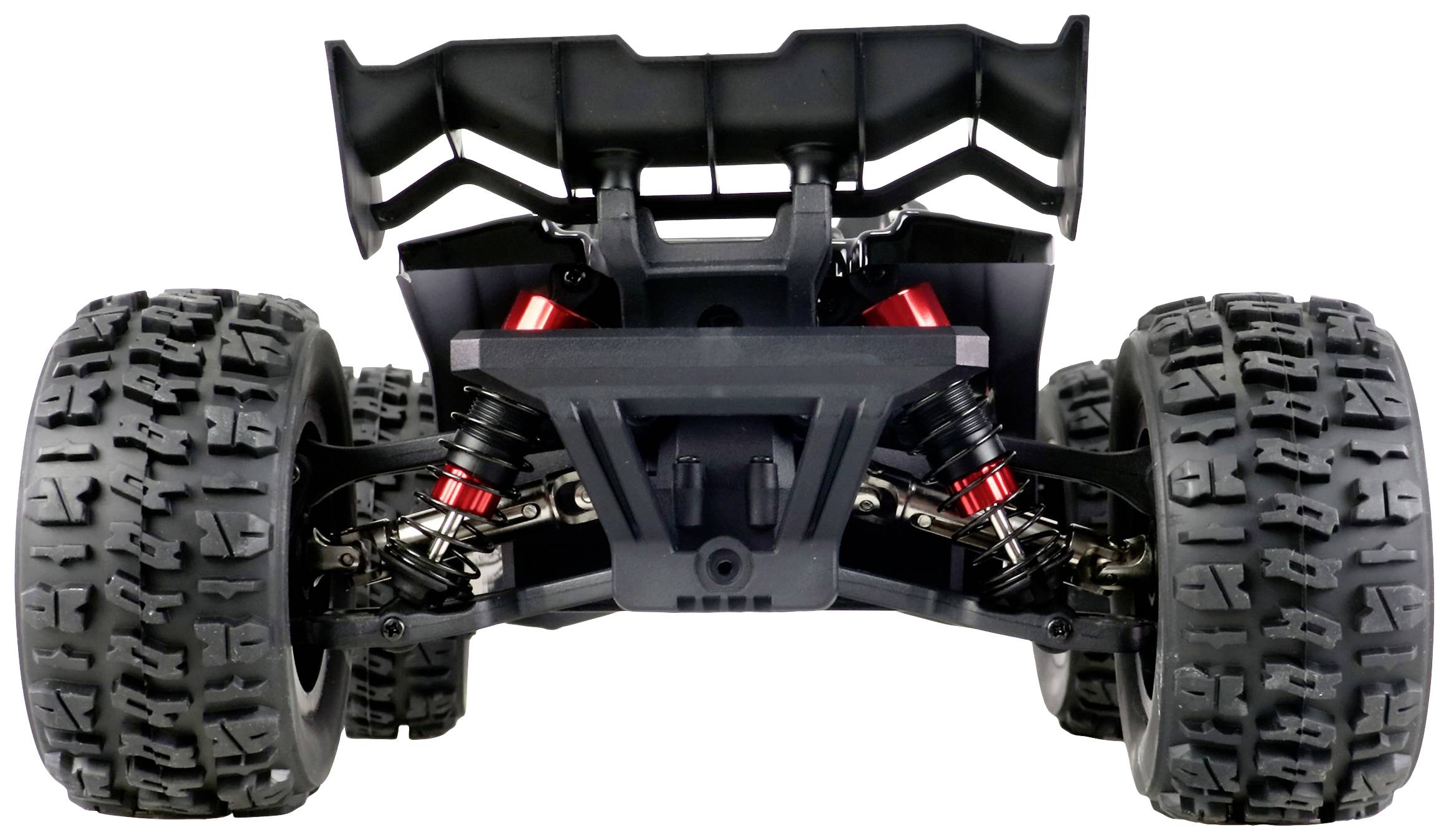 Remote-controlled car, rear view. Shows large, wide tyres and red shock absorbers. Robust construction, suitable for rough terrain.