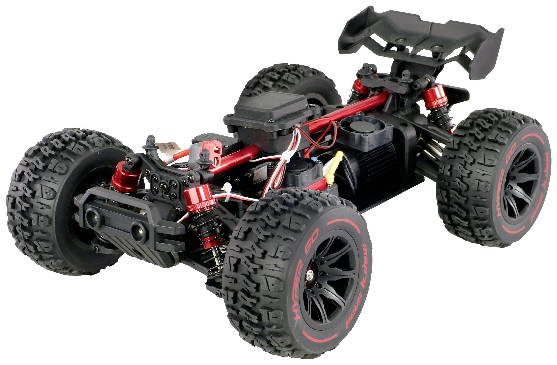 Remote-controlled car chassis with chunky treaded tyres and a red suspension, without bodywork, on a white background.