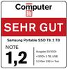 The image shows the CHIP test seal 'very good (1.1)' for the Samsung T9 2TB SSD, tested in October 2023. 'Independent testing since 1978'.