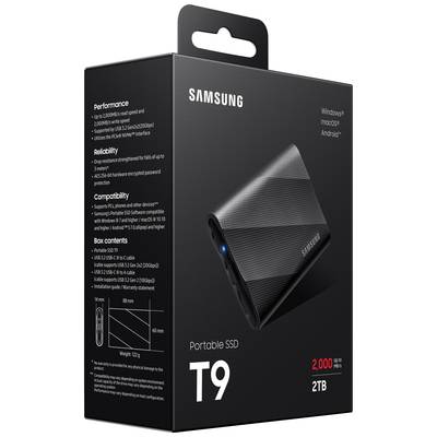 Samsung Portable T9 2 TB External SSD hard drive USB C®, USB A (USB 3.2 2nd gen) Black MU-PG2T0B/EU