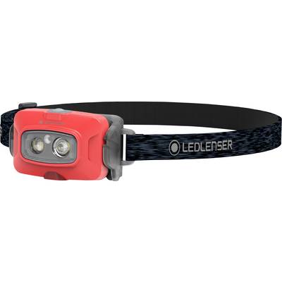 Red LED head torch with black strap and 'LEDLENSER' branding, featuring two front lights, suitable for outdoor activities in darkness.