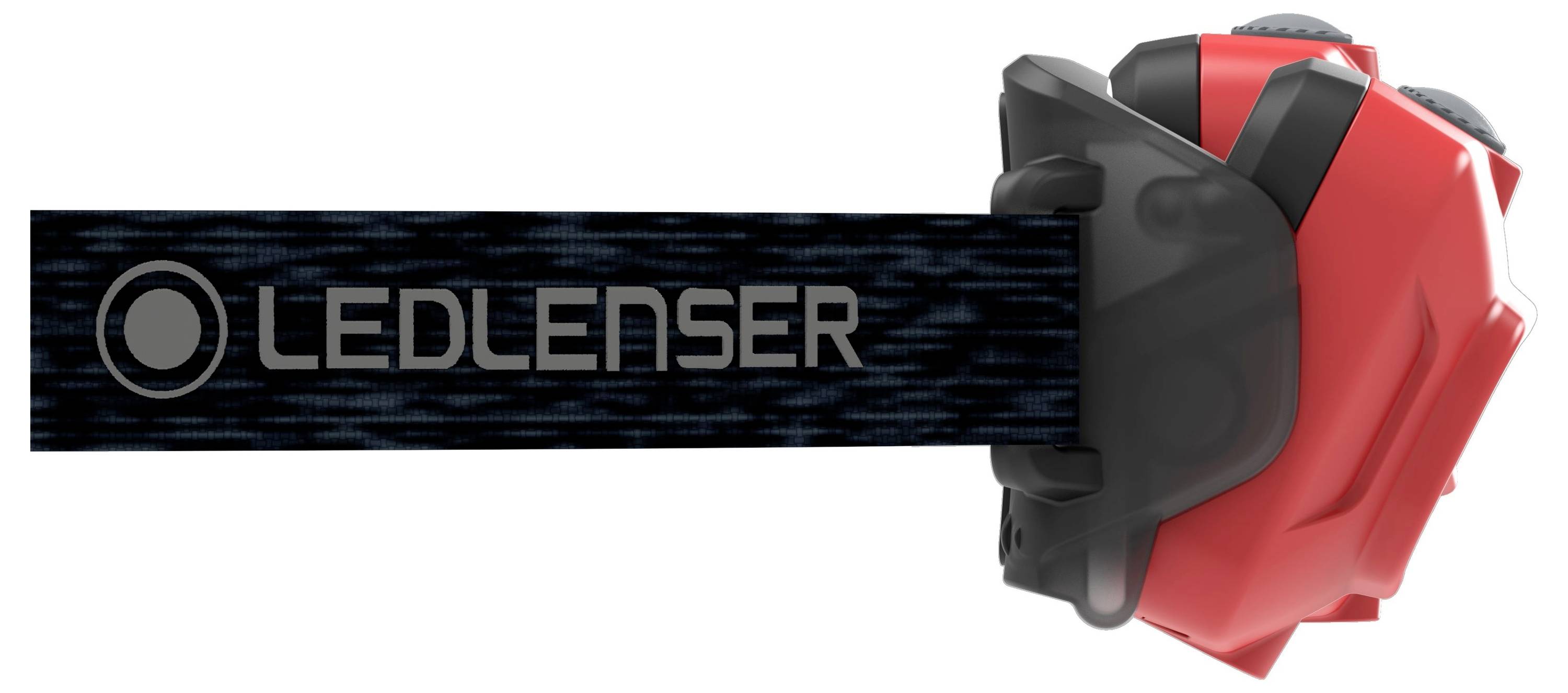 A red head torch with a black strap bearing the 'Ledlenser' logo.
