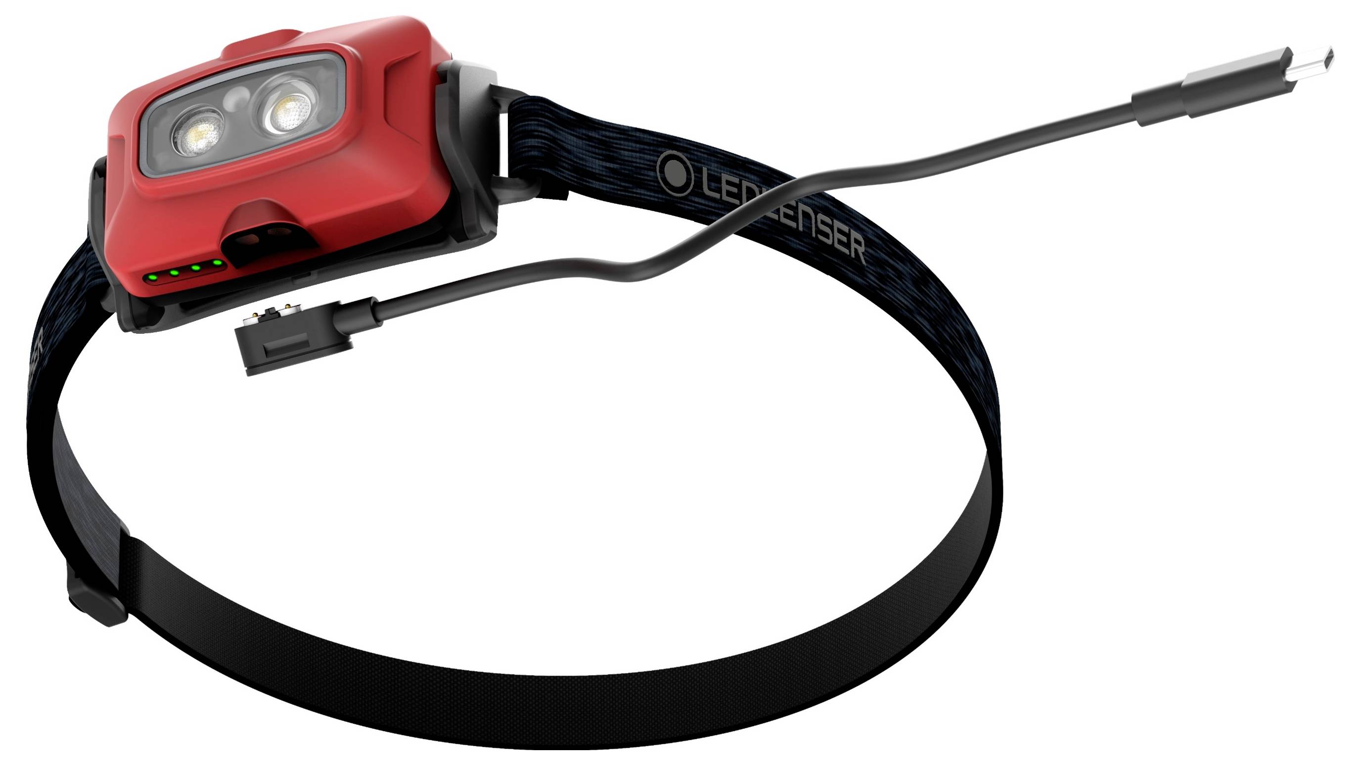 Red head torch with black strap, connected via USB cable. Ideal for hands-free lighting during outdoor activities.