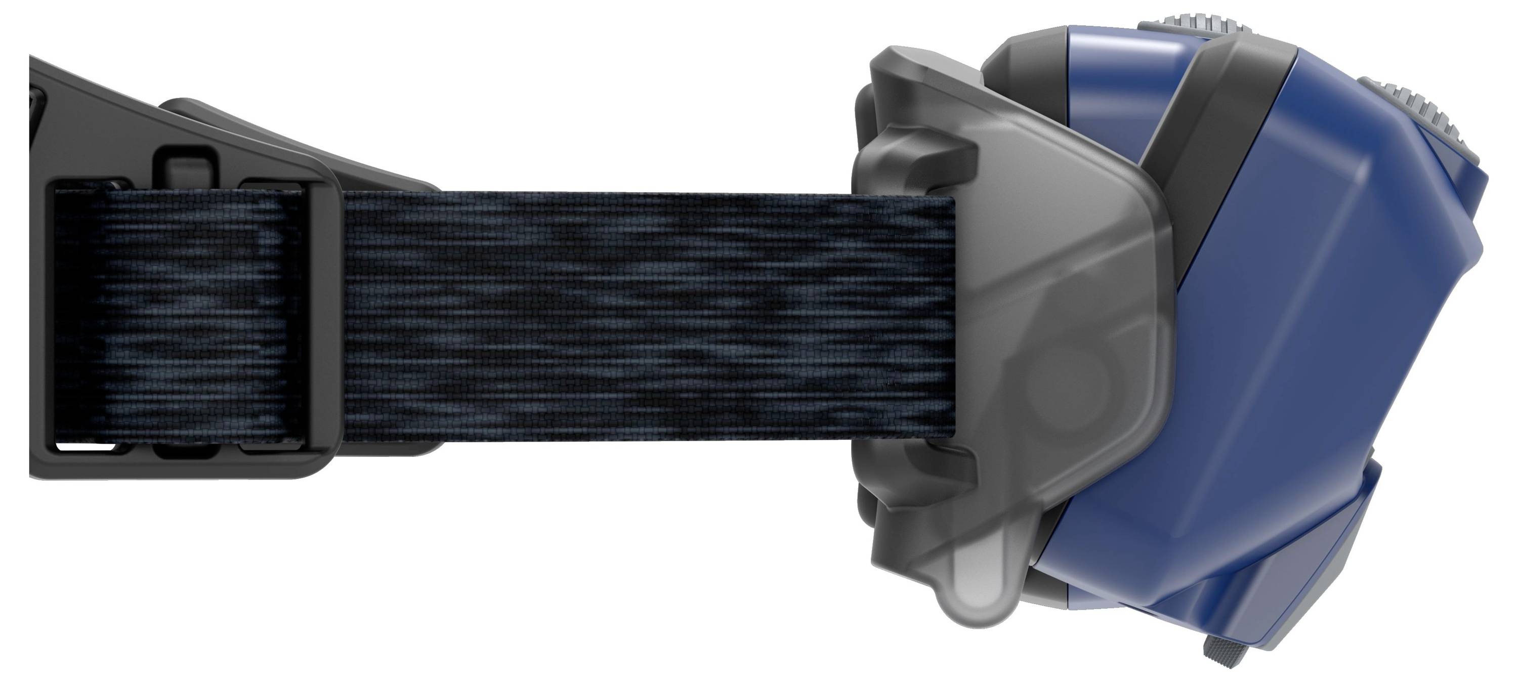 Head torch with blue plastic mounting and black, adjustable strap. Side view shows lamplight positioning.