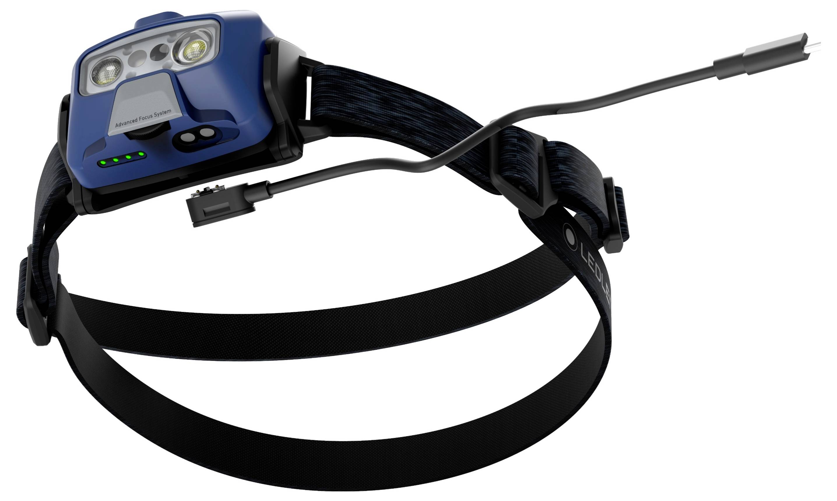 Head torch made of blue plastic with three LED lights, an adjustable strap and an attached cable.
