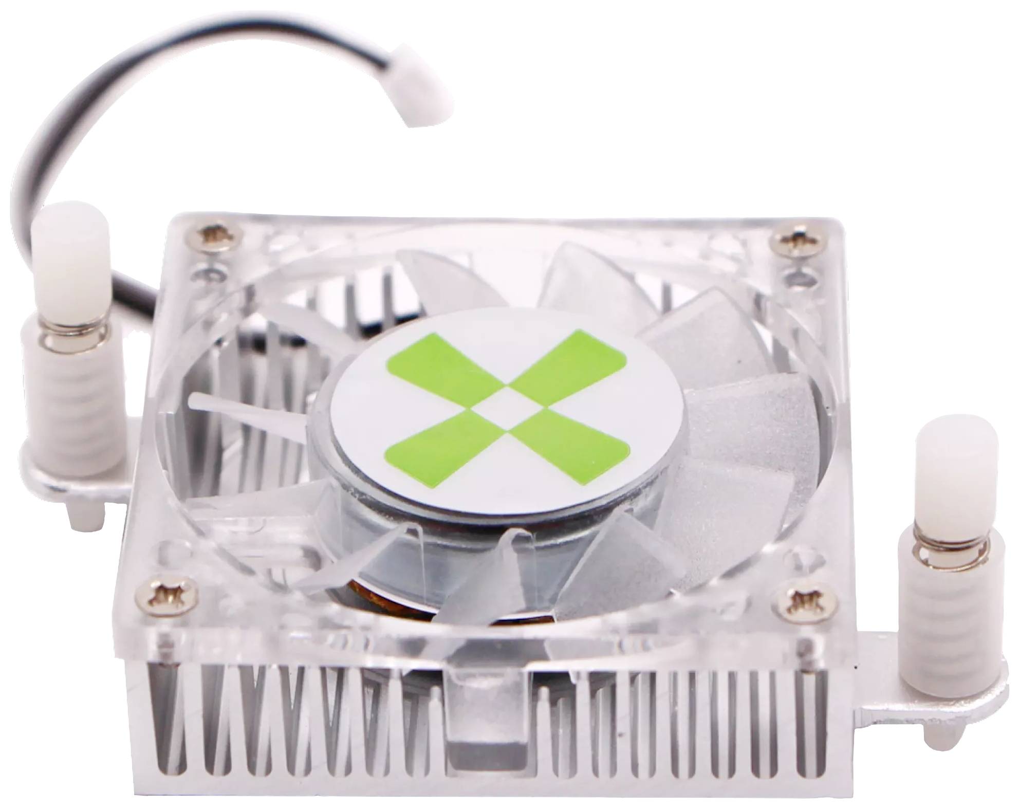 A square computer fan with transparent rotor blades. A green X is visible in the centre on a white background.