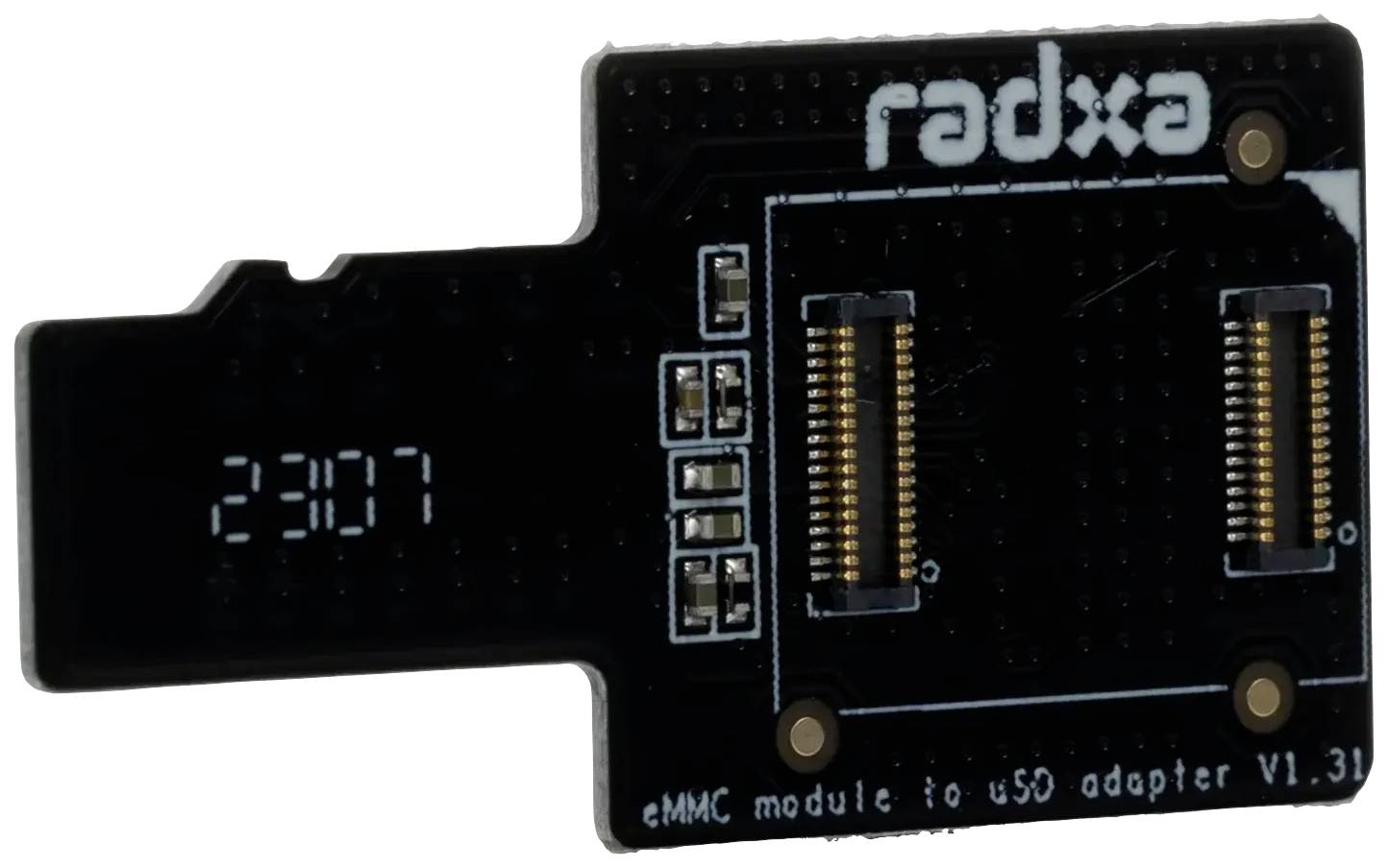 A black eMMC-to-USB adapter by Radxa, version 1.3, with connections for data transfer between eMMC modules and USB devices.