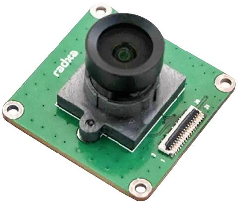 Small camera on a green, square circuit board with a lens in the centre, four screw holes at the corners, connection strip on the right.