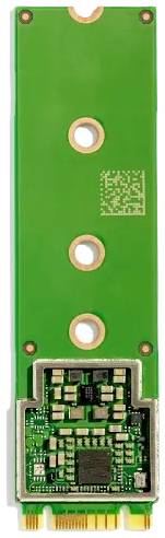 A green M.2 SSD expansion card with visible electronic components and golden contacts.