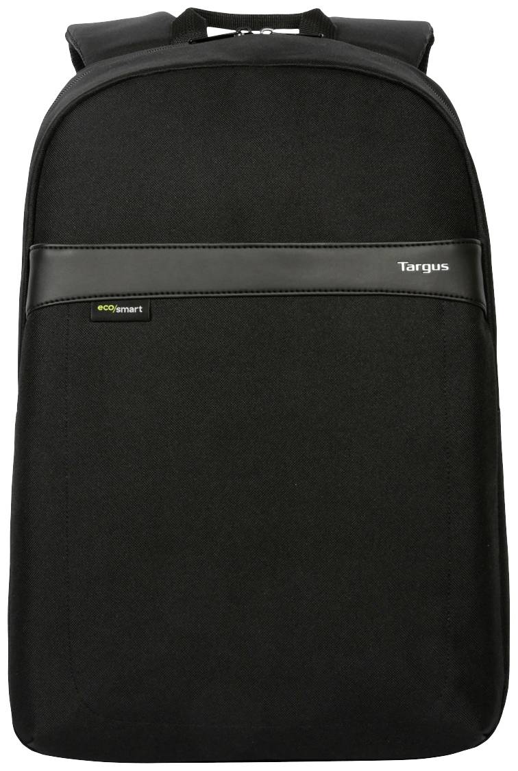 Black Targus backpack, pictured at the front, minimalist design, with EcoSmart label, suitable for stylish office applications.