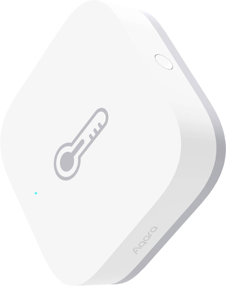 A square, white sensor with a thermometer symbol on the front. A button is visible on the side.