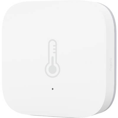 White square Aqara temperature sensor with a thermometer symbol in the centre, displaying temperature.