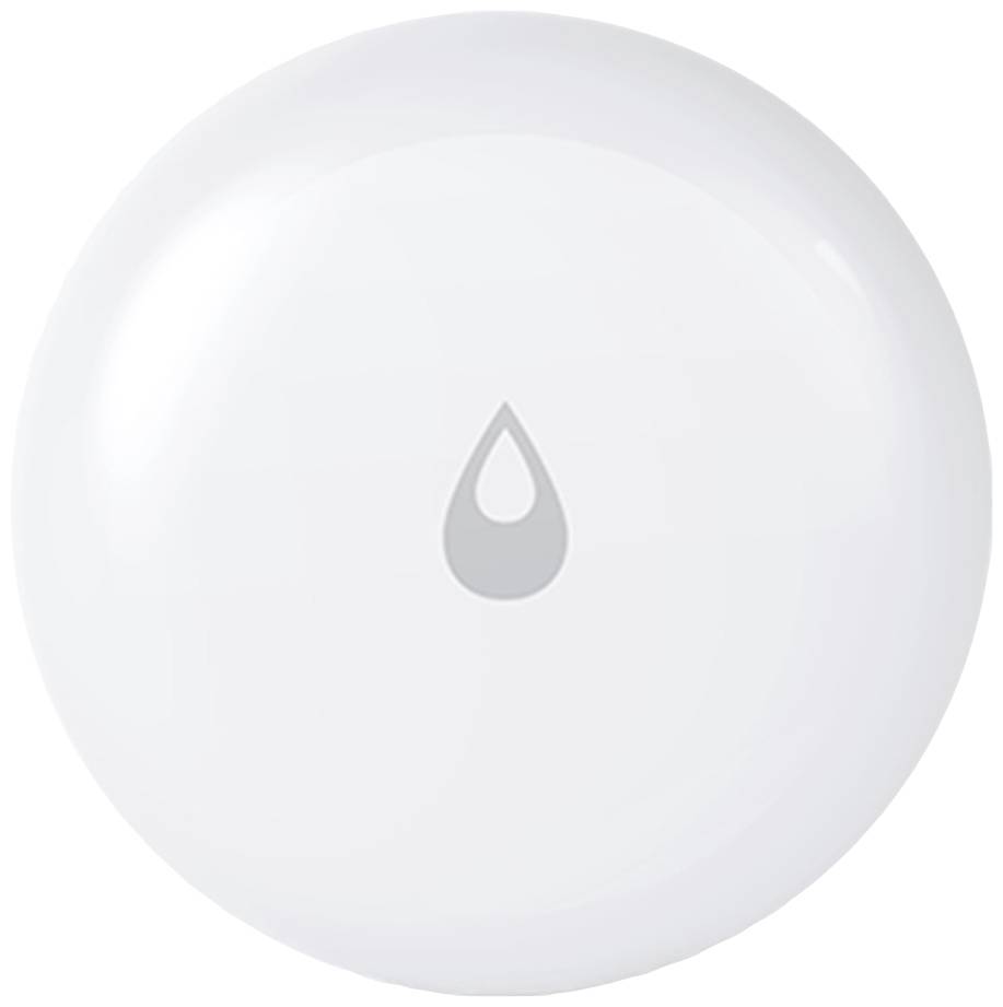 Round, white sensor with a droplet symbol in the centre, possibly a device for measuring humidity.