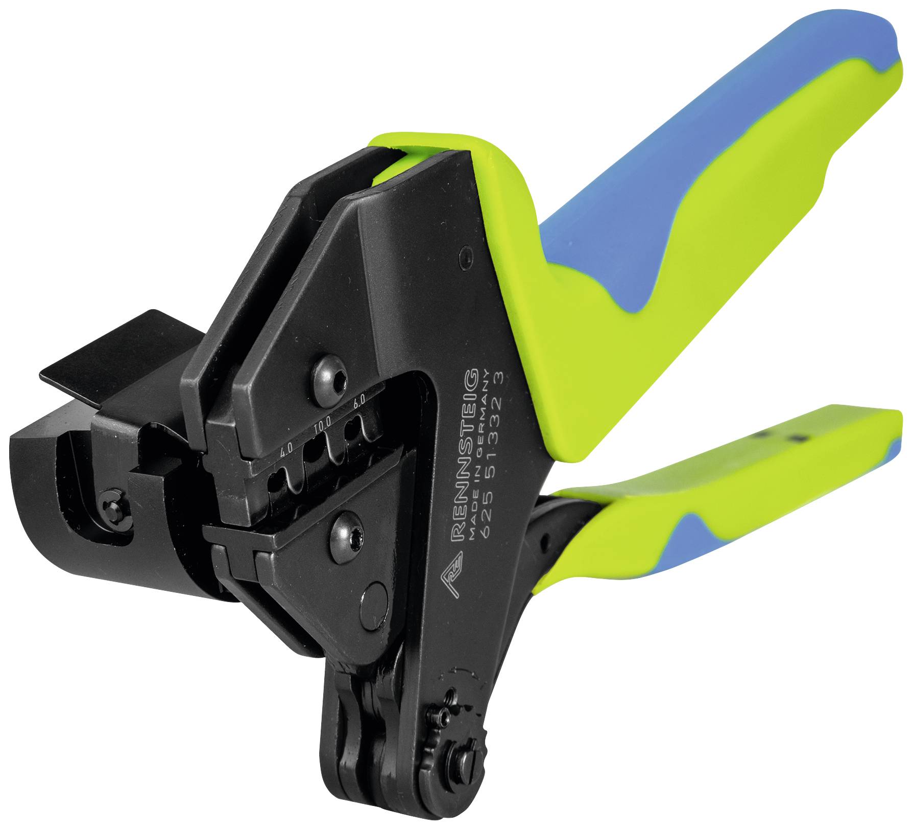 A green and blue crimping pliers with black metal parts, used for connecting cables to connectors by crimping.