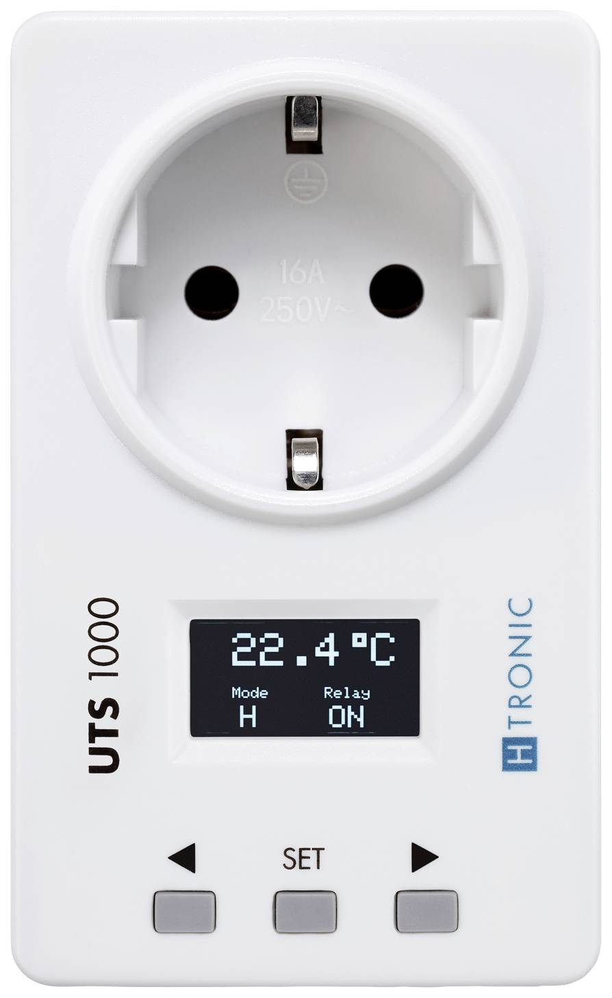 White socket with display. Display shows '22.4°C, Mode H, Relay ON'. Two buttons below for settings.