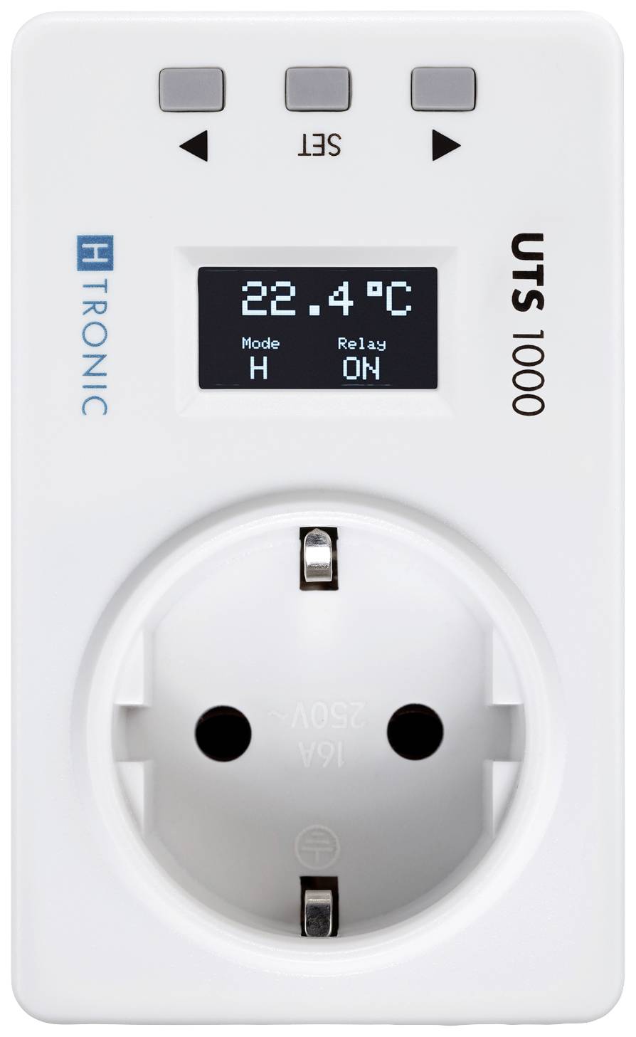Socket thermostat with display showing '22.4°C', mode 'H', and 'Relay ON'. Main button and function buttons are visible.