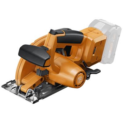 Cordless circular saw in a vibrant orange with a black handle. The saw demonstrates a robust construction and is suitable for construction projects.