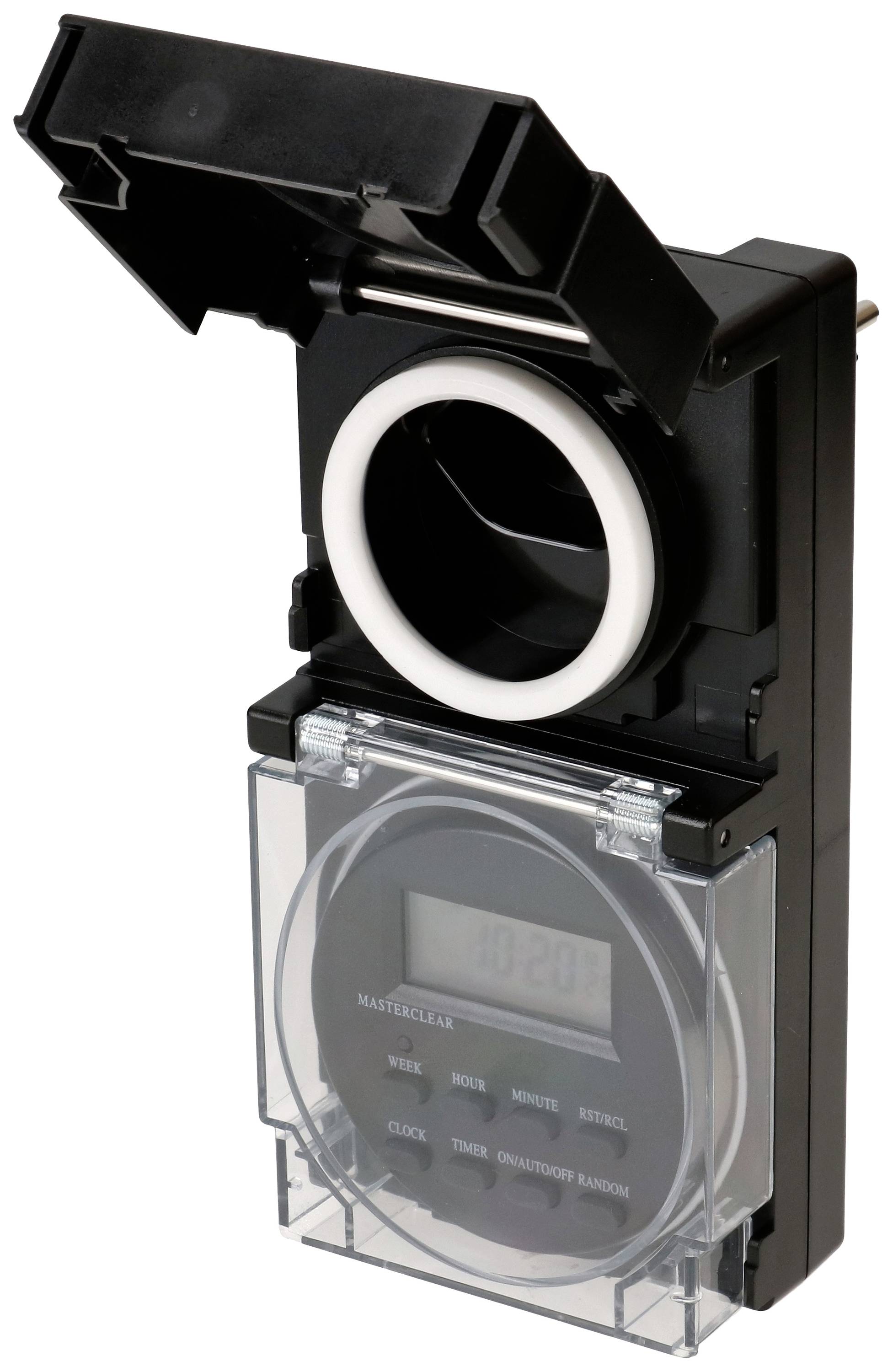 Electronic timer with open lid, digital display and plug socket, suitable for device automation.<br><br>Note: This appears to be a direct translation to British English. The language is already quite close to British usage, so minimal changes were required.