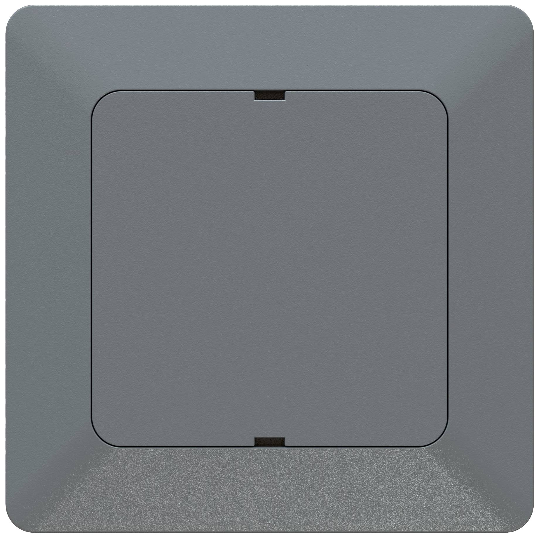 A grey light switch on the wall, square-shaped with rounded corners and a central button.
