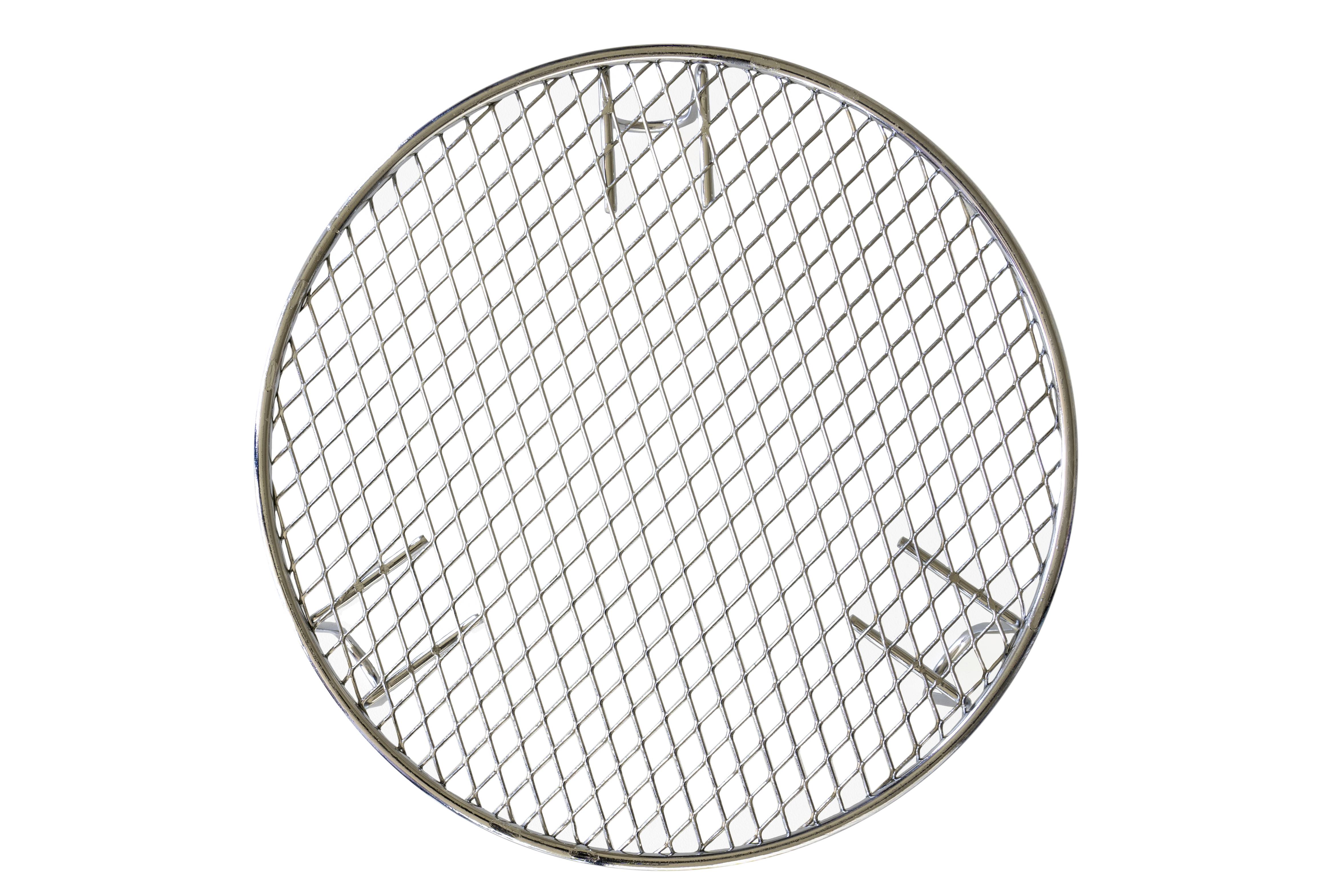 A round metal grid with a fine mesh, likely a barbecue grate, against a white background. No visible context or additional objects.