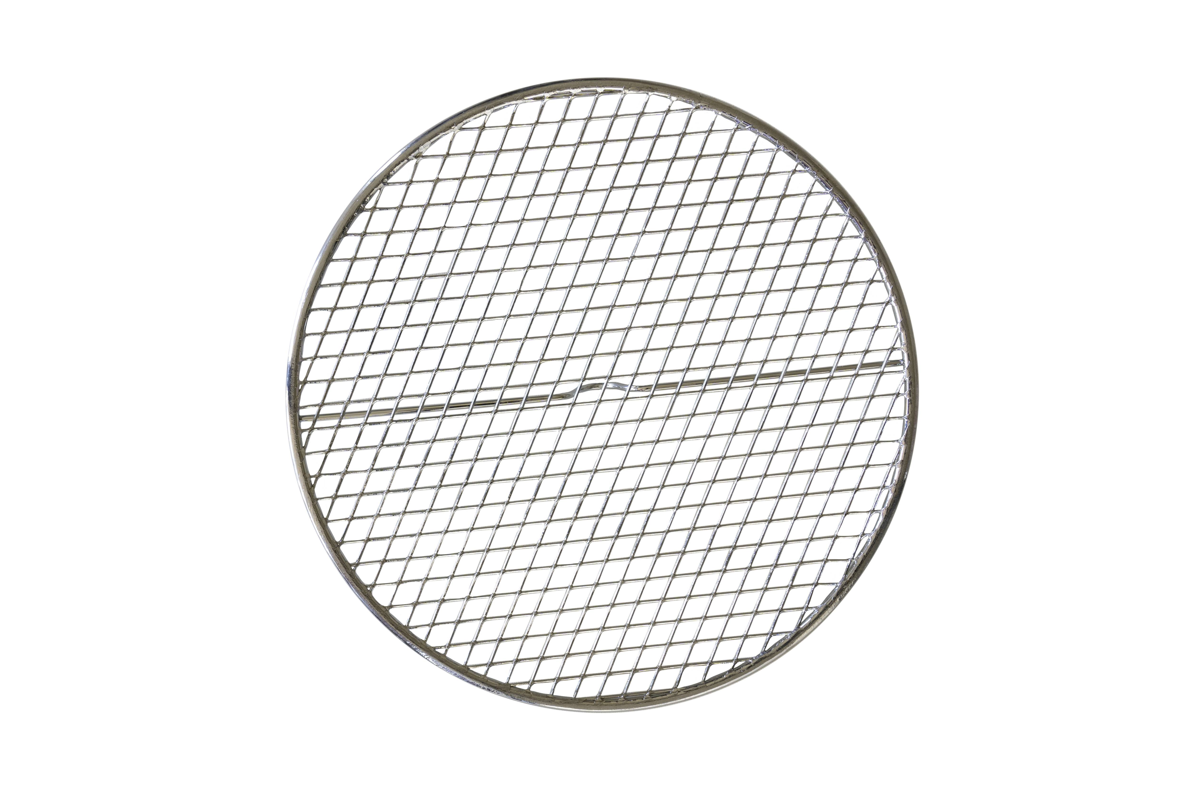 Circular metal grill rack with a mesh grid pattern, used as a trivet when barbecuing.