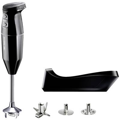 A black hand blender with removable stainless steel attachments and a slender base. Ideal for pureeing and blending.