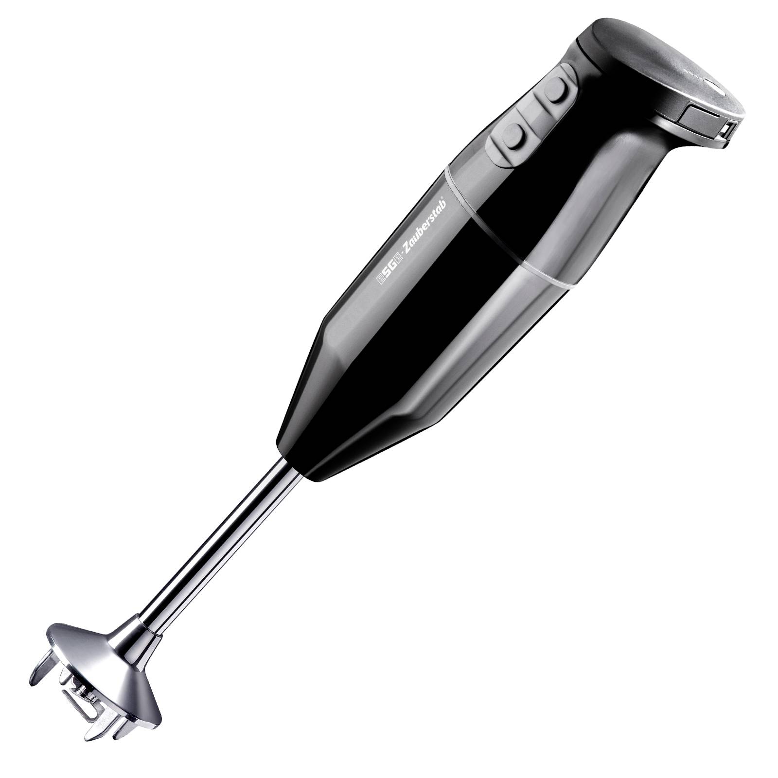 Black hand blender with stainless steel blades, suitable for pureeing and mixing in the kitchen.