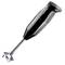 Black hand blender with stainless steel blades, suitable for pureeing and mixing in the kitchen.