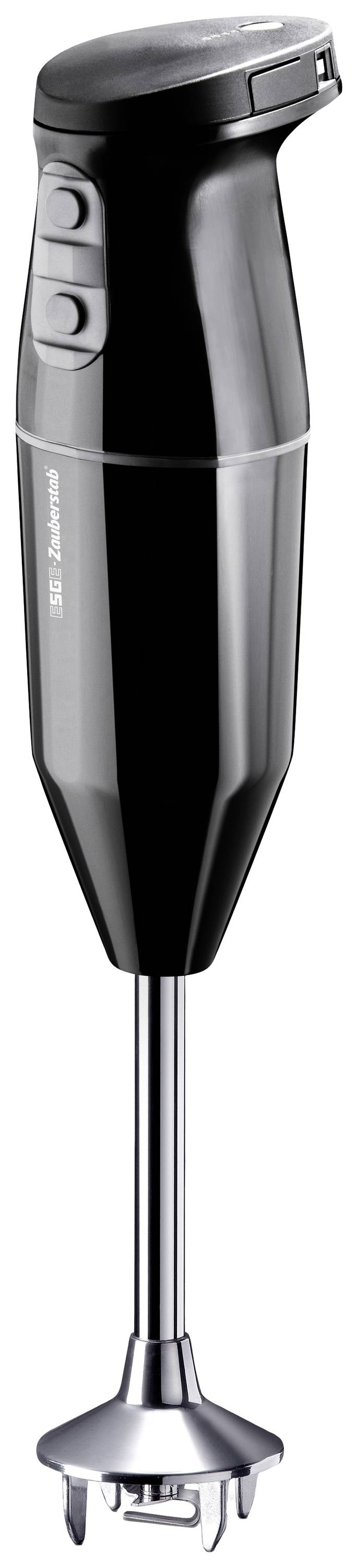 A black hand blender with two buttons on the handle. The mixer has a long, silver shaft with blades at the end.