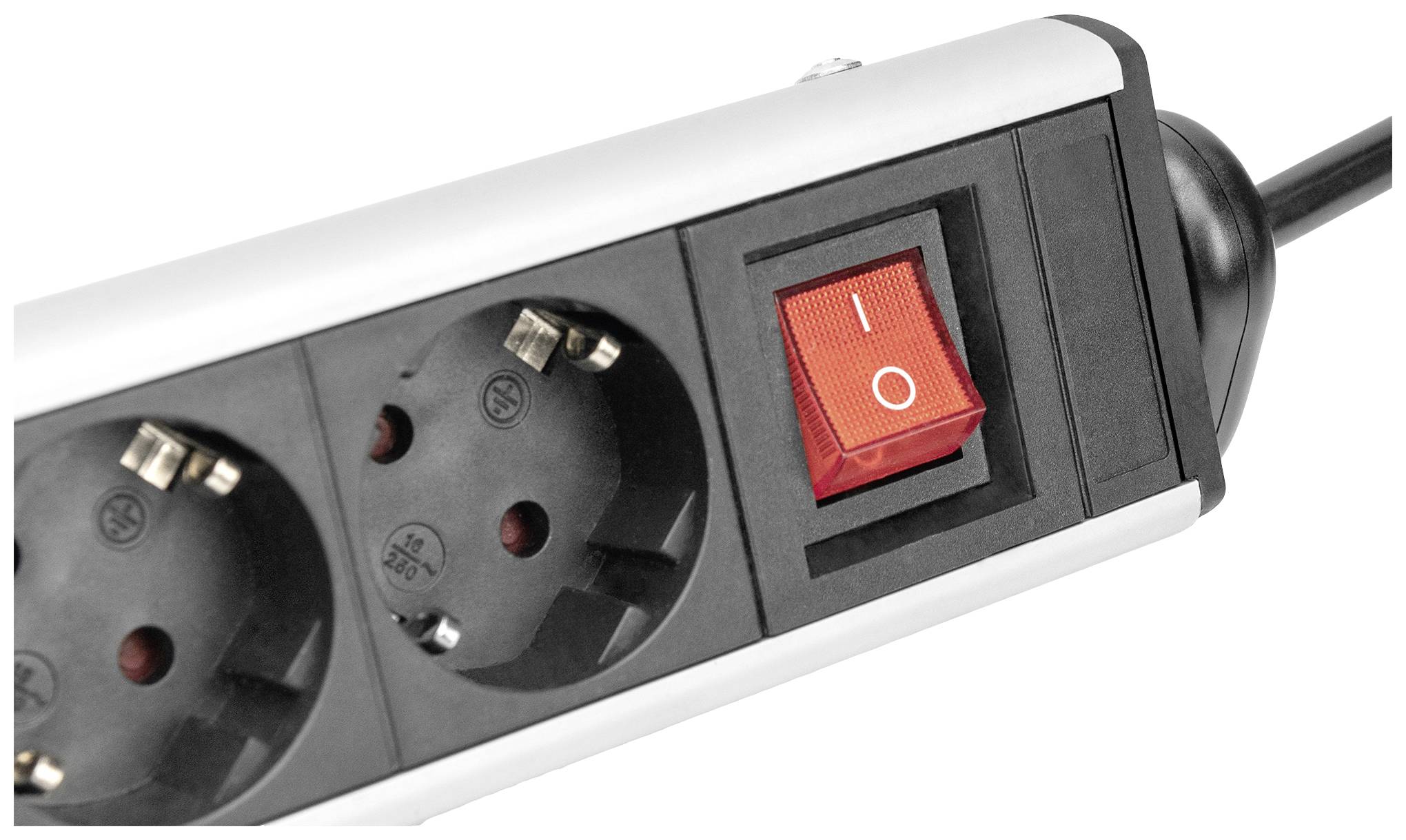Three-way socket extension with a red on/off switch.