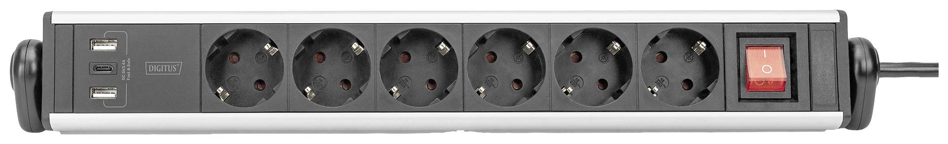 Six-way power strip with two USB ports and an on/off switch.
